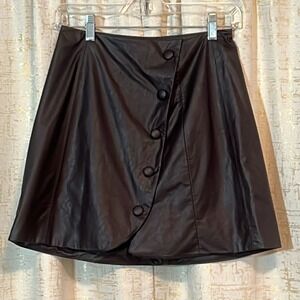 Zara Faux Leather Mini Skirt Women's XS Brown Good Asymmetric Wrap Snap Button
